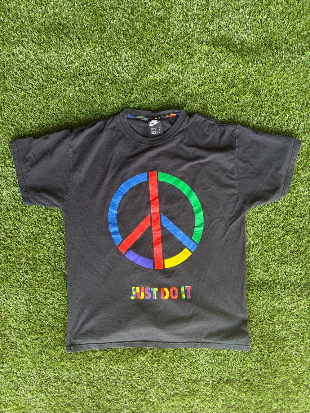 Nike Black Tee with Rainbow Peace Sign and Multicolor 'Just Do It'